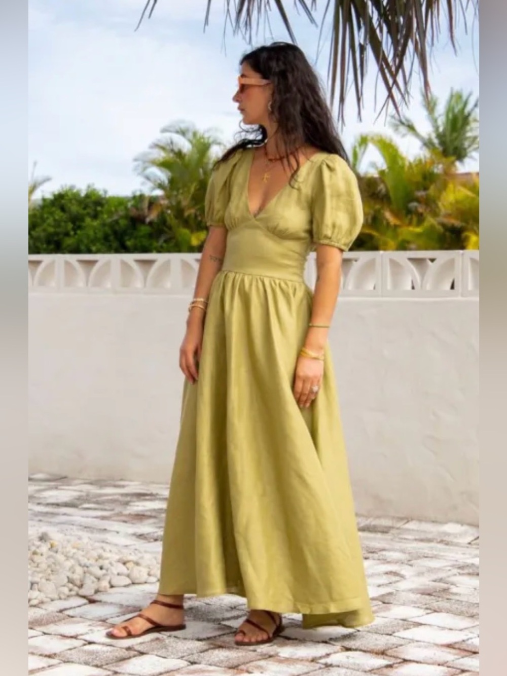 Puff-Sleeve Midi Dress in Olive Green with Deep V